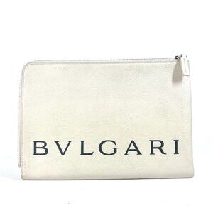 BVLGARI Fragment Logo Double Zipper Pouch Bag Clutch bag Leather White/Black